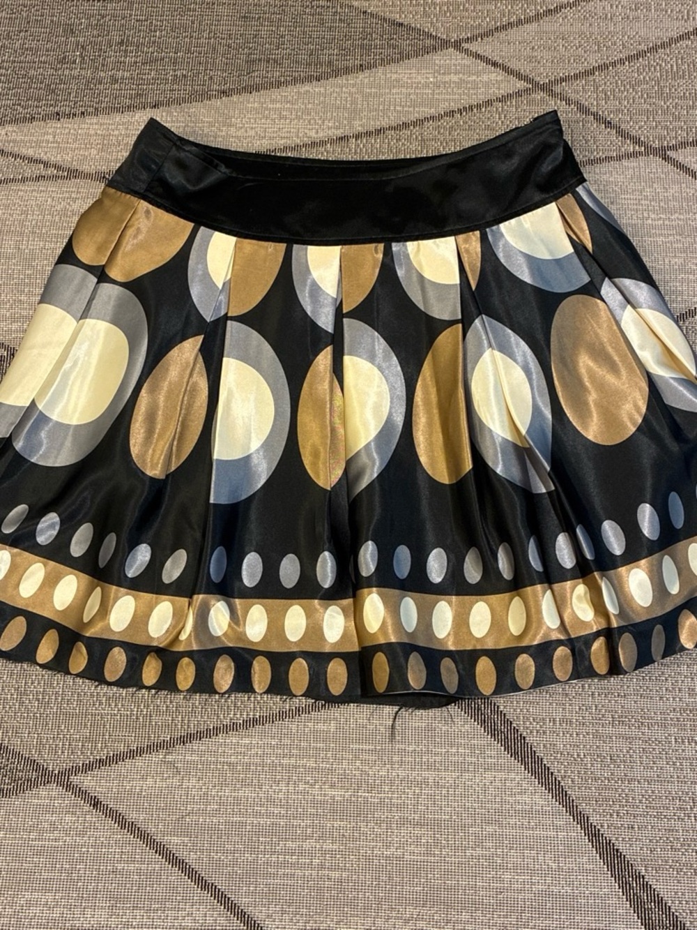 Romy Black Satin Circle-Print Skater Skirt with Gold & Silver Accents